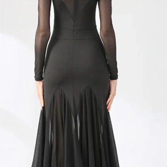 Dance & Sway Black Ballroom Dance Dress Size Large Full Skirt Sheer Long Sleeve - Picture 14 of 15
